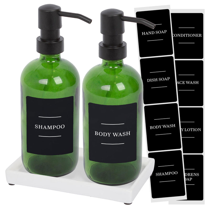 2pc Glass Soap Dispenser Set with Ceramic Tray & Labels - 500ml - By Harbour Housewares