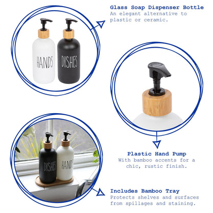 2pc Glass Hand &amp; Dish Soap Dispenser Set with Bamboo Tray - 500ml - White/Black