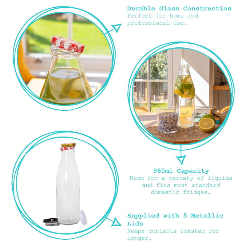 960ml Glass Water / Milk Bottle with Metal Lids