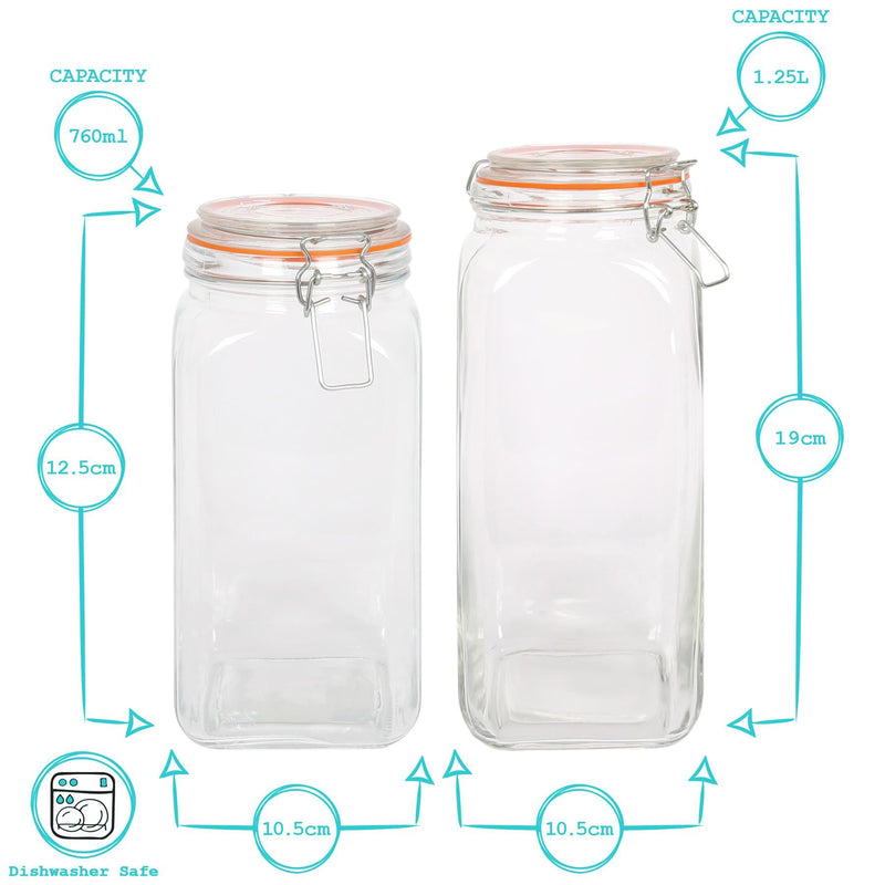 4pc Square Glass Jar with Clip-Top Lids Set - 760ml-2L - By Argon Tableware