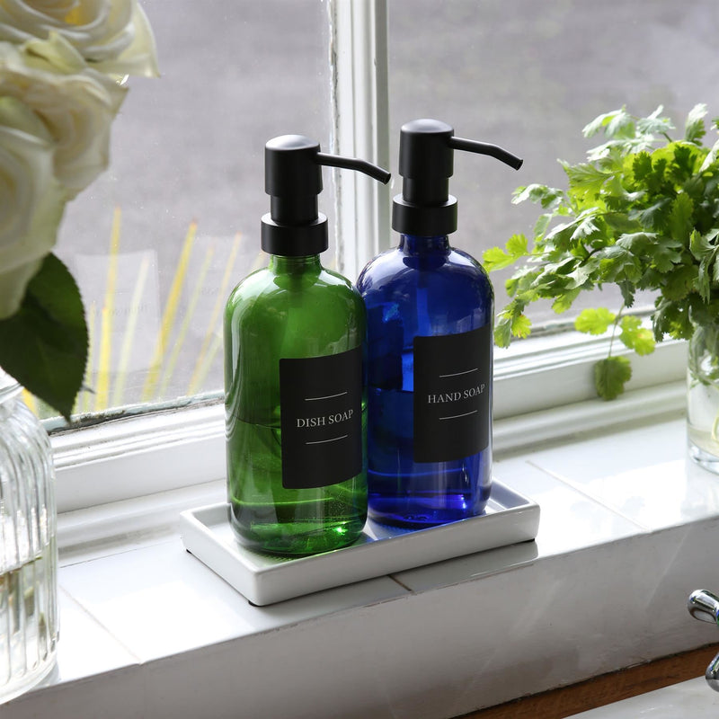 2pc Glass Soap Dispenser Set with Ceramic Tray & Labels - 500ml - By Harbour Housewares