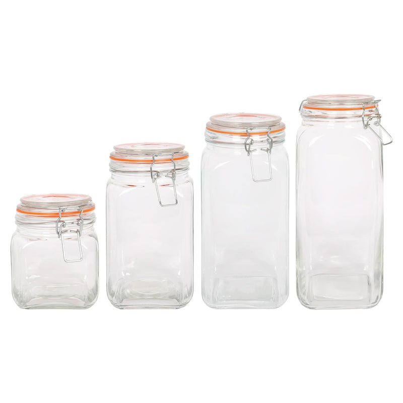 4pc Square Glass Jar with Clip-Top Lids Set - 760ml-2L - By Argon Tableware