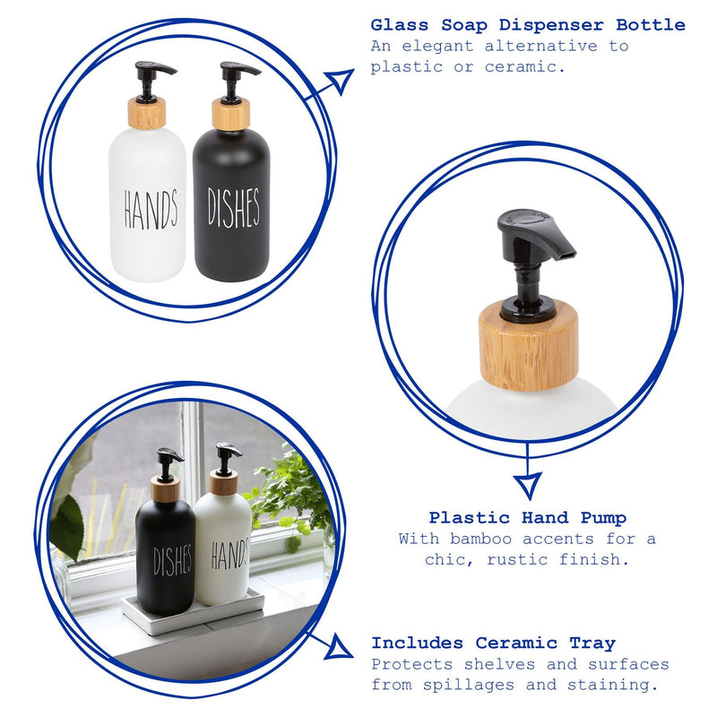 2pc Glass Hand & Dish Soap Dispenser Set with Ceramic Tray - 500ml - White/Black - By Harbour Housewares