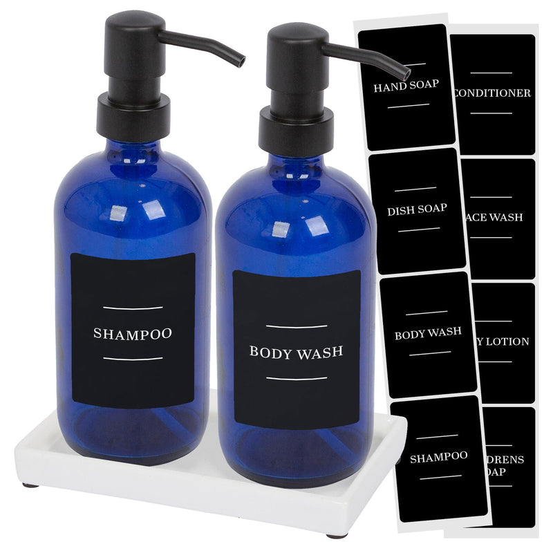 2pc Glass Soap Dispenser Set with Ceramic Tray & Labels - 500ml - By Harbour Housewares