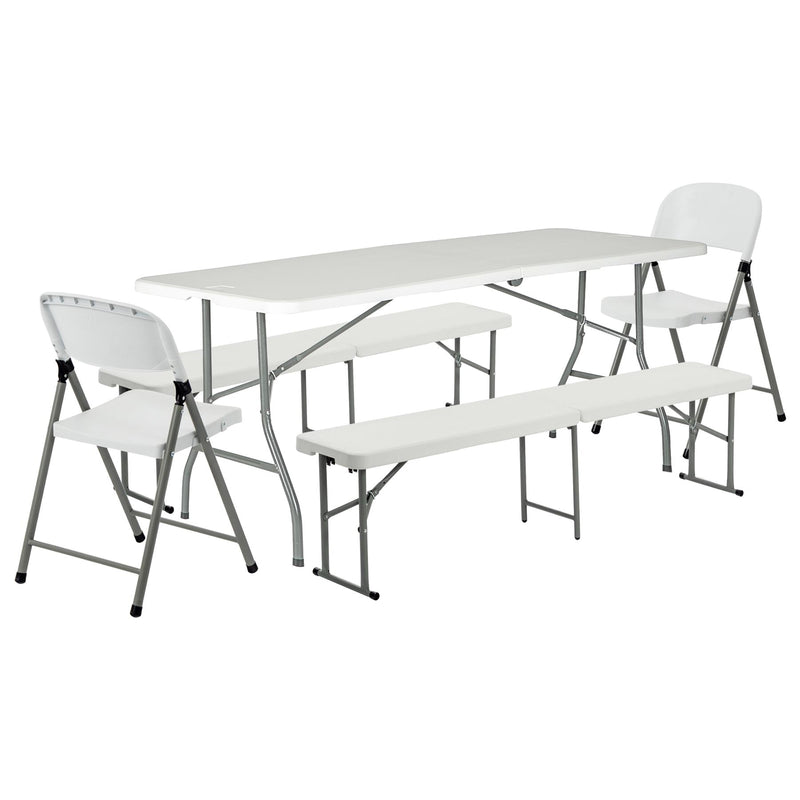 Folding Camping Picnic Table, Bench & Chair Set - 180cm (6ft) - White - By Harbour Housewares