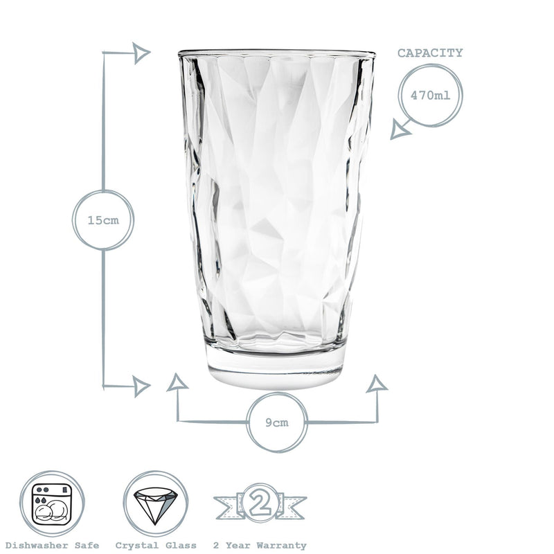 470ml Diamond Highball Glasses - Pack of 12 - By Bormioli Rocco