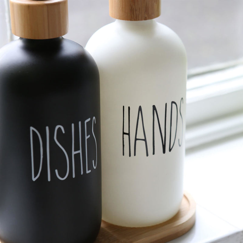 2pc Glass Hand & Dish Soap Dispenser Set with Ceramic Tray - 500ml - White/Black - By Harbour Housewares