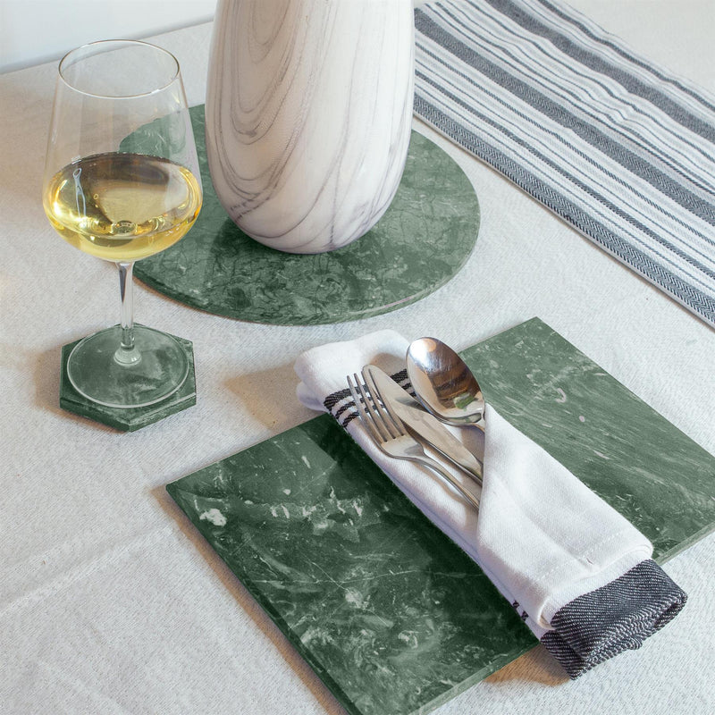 12pc Rectangle Marble Placemats & Round Coasters Set - 30cm x 20cm - Green - By Argon Tableware