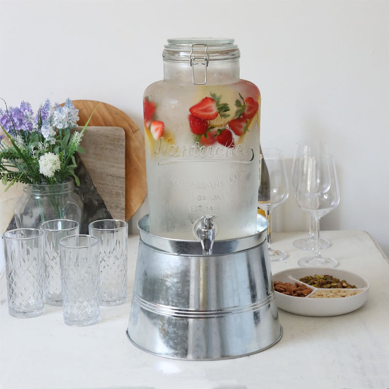 6.5L Glass Drinks Dispenser with Tap & Bucket Stand - By Rink Drink