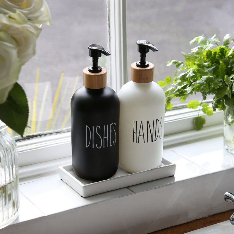 2pc Glass Hand & Dish Soap Dispenser Set with Ceramic Tray - 500ml - White/Black - By Harbour Housewares