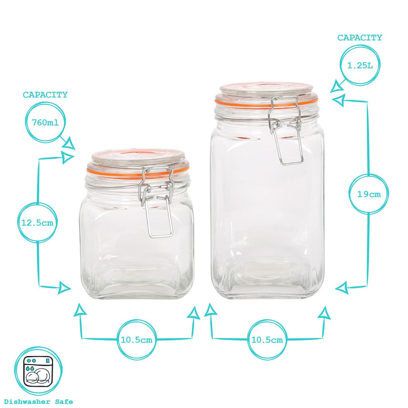 4pc Square Glass Jar with Clip-Top Lids Set - 760ml-2L - By Argon Tableware