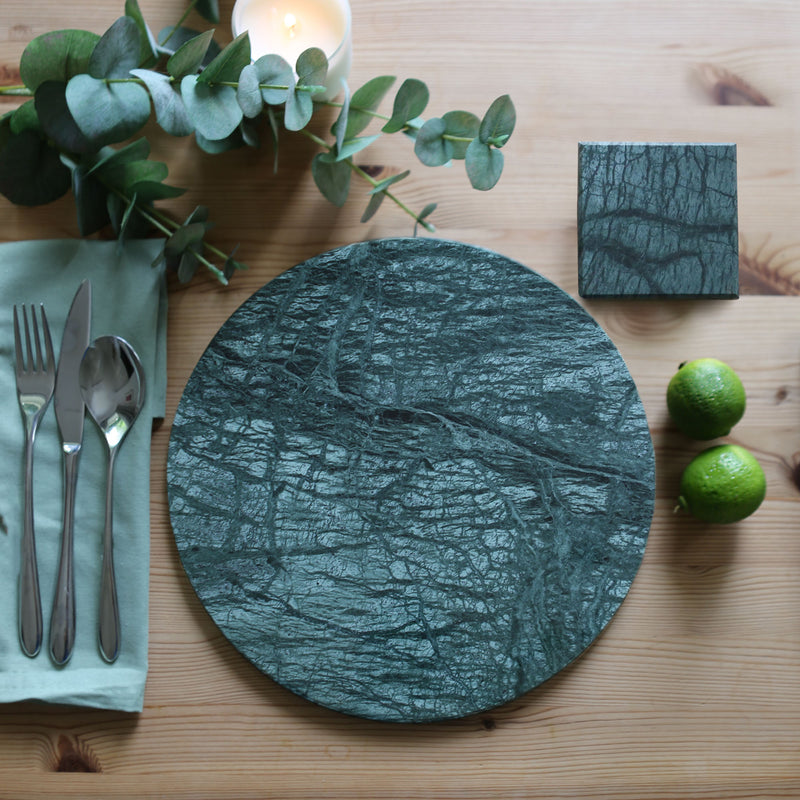 12pc Round Marble Placemats & Square Coasters Set - 30cm - Green - By Argon Tableware