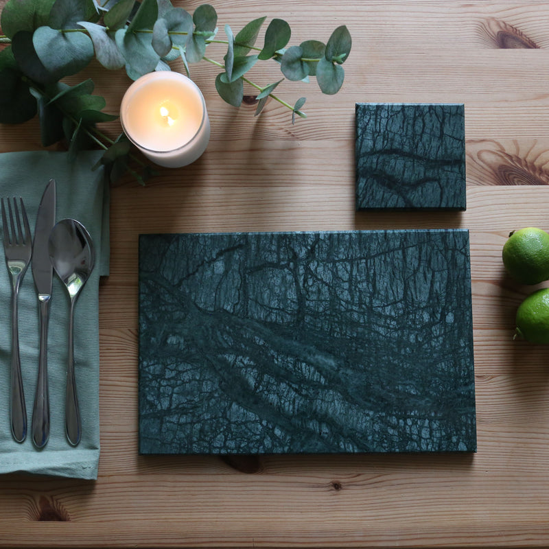 12pc Rectangle Marble Placemats & Square Coasters Set - 30cm x 20cm - Green - By Argon Tableware