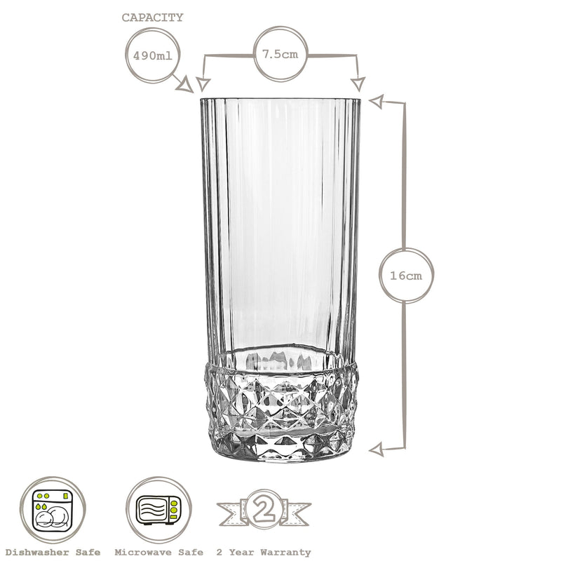 490ml America '20s Highball Glasses - Pack of 12 - By Bormioli Rocco