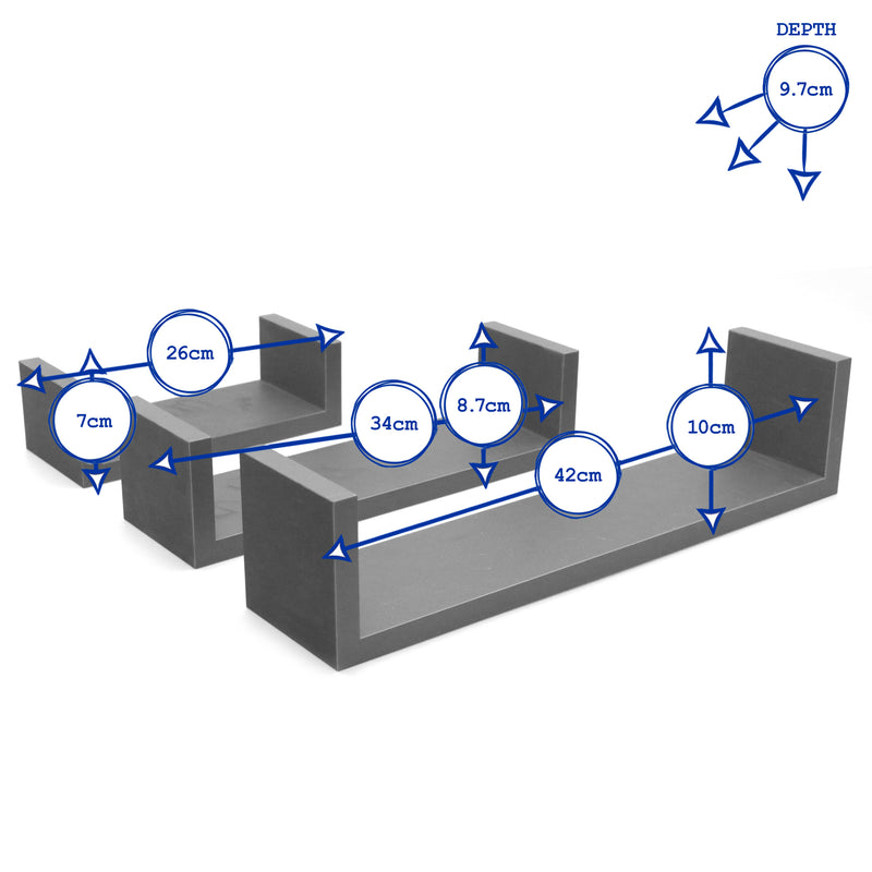 Modern U Shaped Floating Wall Shelves - Pack of Three - By Harbour Housewares