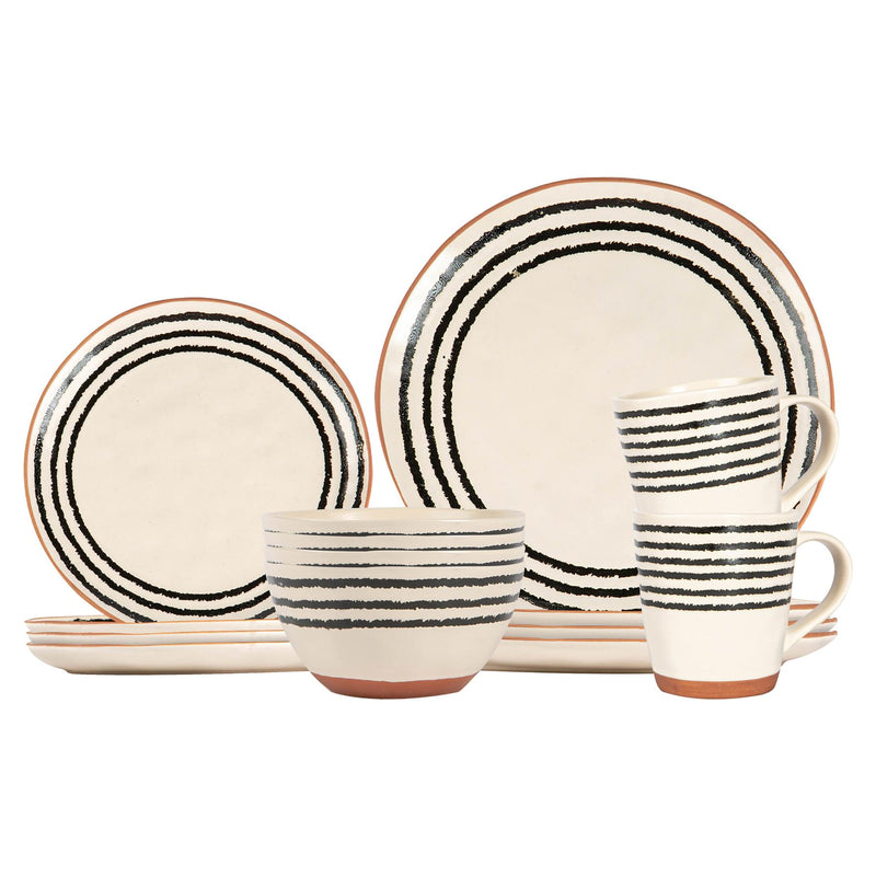 16pc Portuguese Stoneware Dinnerware Set - Striped Rim - By Nicola Spring