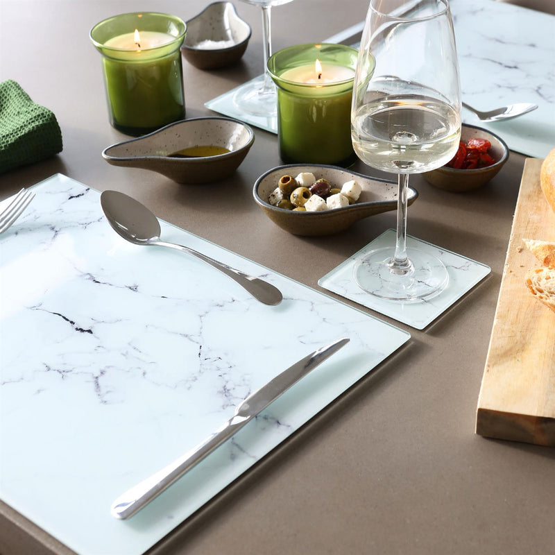 12pc Rectangle Glass Placemats & Square Coasters Set - 40cm x 30cm - Marble - By Harbour Housewares