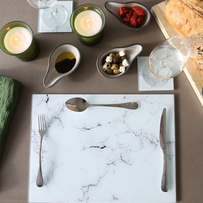 12pc Rectangle Glass Placemats & Square Coasters Set - 40cm x 30cm - Marble - By Harbour Housewares