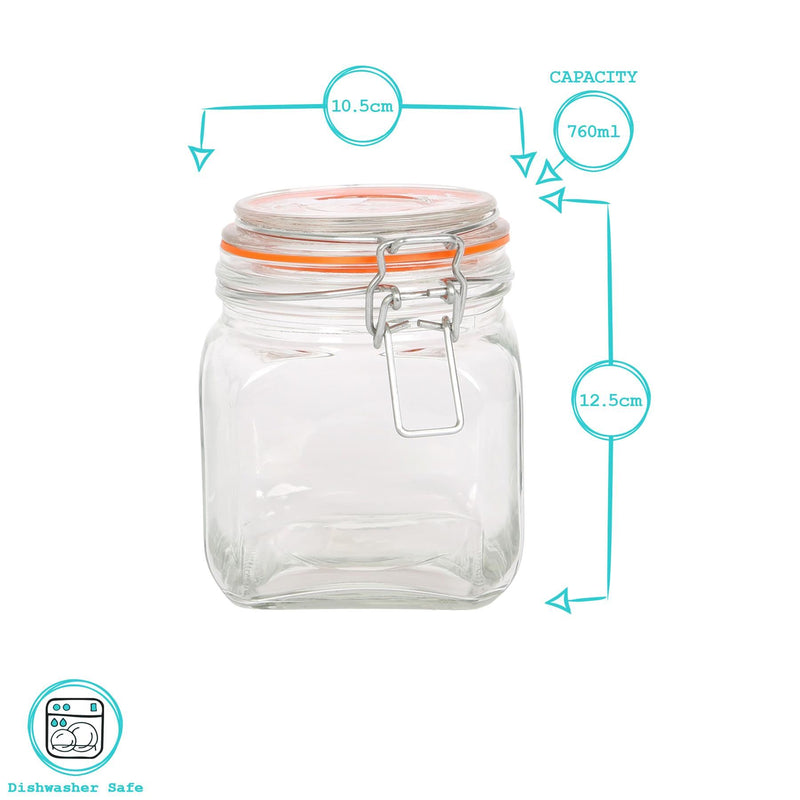 760ml Square Glass Jar with Clip-Top Lid - By Argon Tableware