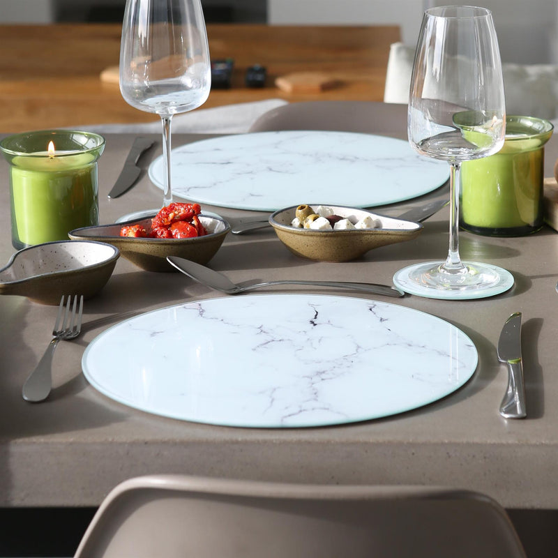 12pc Round Glass Placemats & Round Coasters Set - 30cm - Marble - By Harbour Housewares