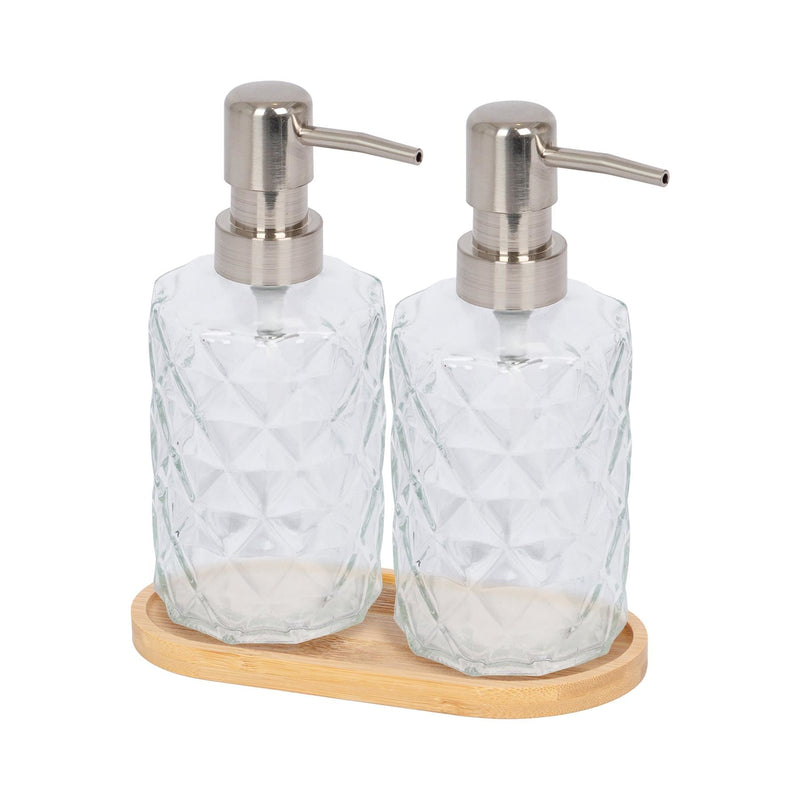 2pc Prism Glass Soap Dispenser Set with Bamboo Tray - 330ml - By Harbour Housewares