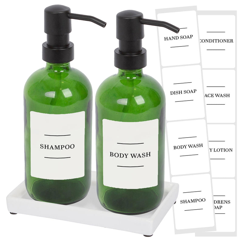 2pc Glass Soap Dispenser Set with Ceramic Tray & Labels - 500ml - By Harbour Housewares