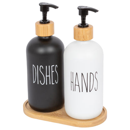 2pc Glass Hand &amp; Dish Soap Dispenser Set with Bamboo Tray - 500ml - White/Black - By Harbour Housewares