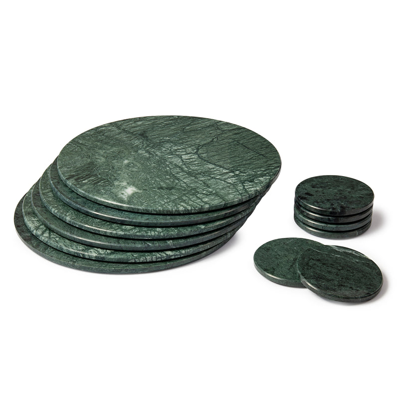 12pc Round Marble Placemats & Round Coasters Set - 30cm - Green - By Argon Tableware