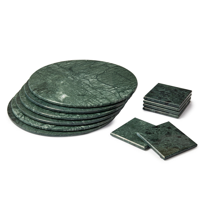 12pc Round Marble Placemats & Square Coasters Set - 30cm - Green - By Argon Tableware