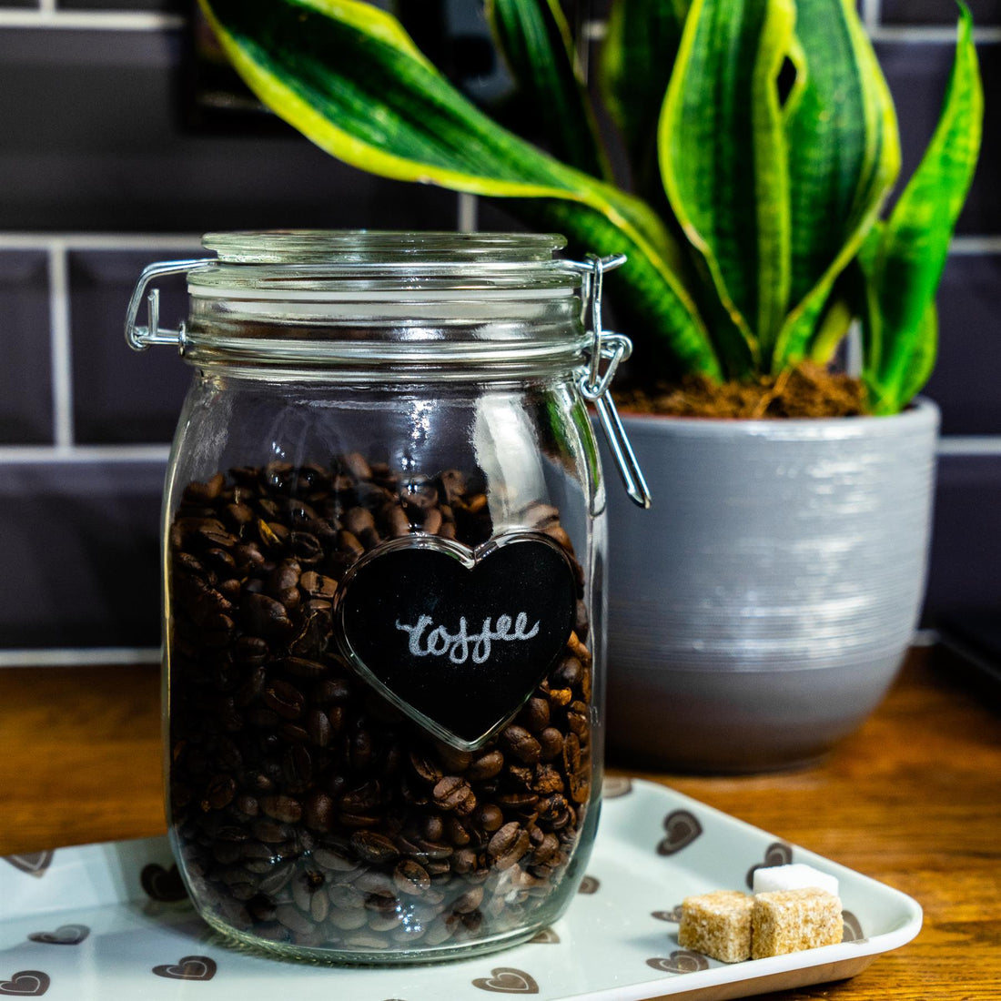 1L Air tight Glass Storage Jar with Embossed Heart Detail &amp; Label - Pack of Six