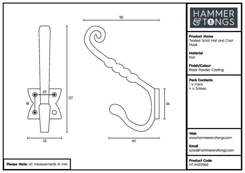 40mm x 125mm Black Twisted Scroll Hat & Coat Hook - By Hammer & Tongs